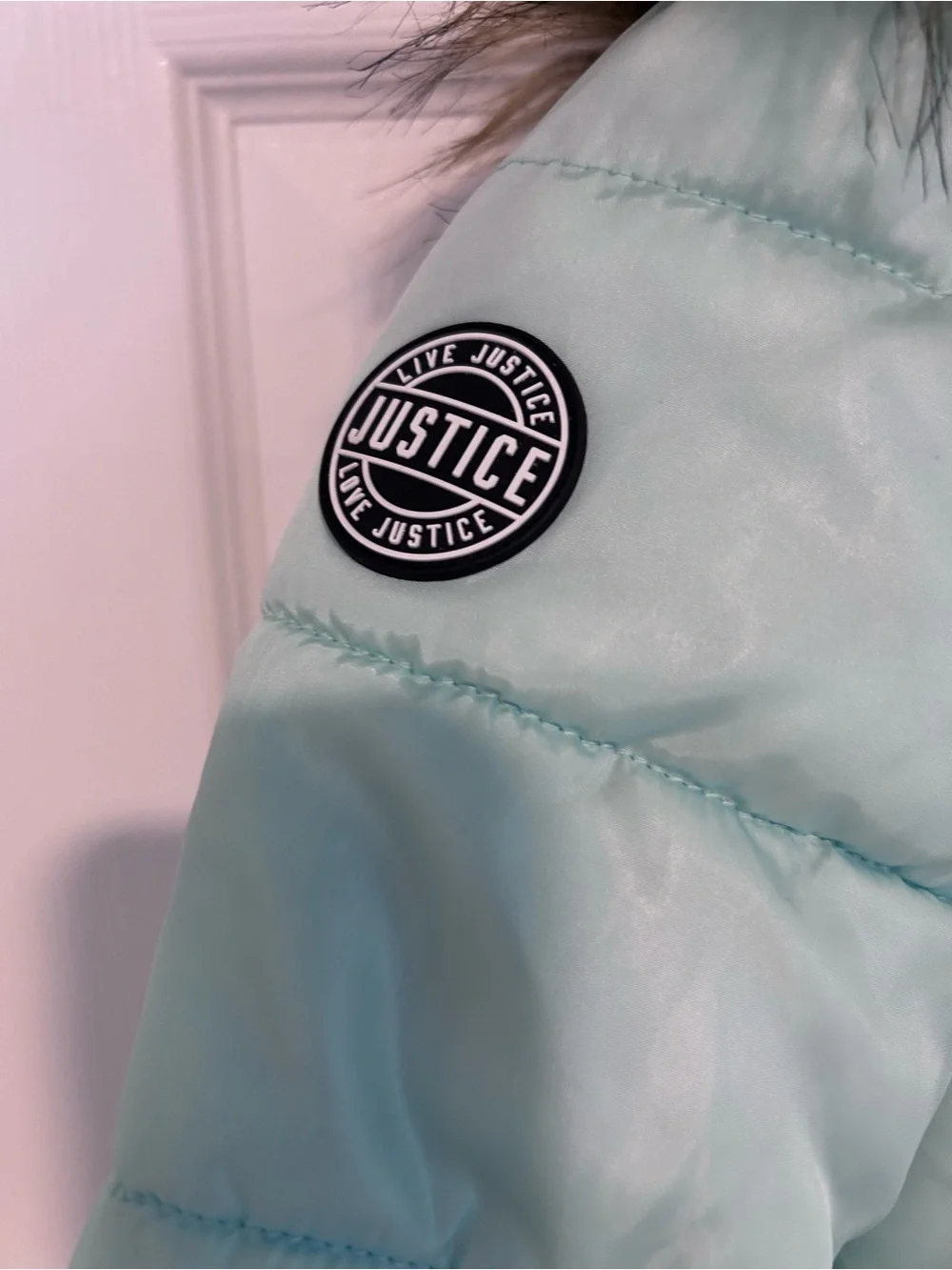 Justice Girls' Light Ice Blue Puffer Coat with Faux Fur Removable Hood Size 8